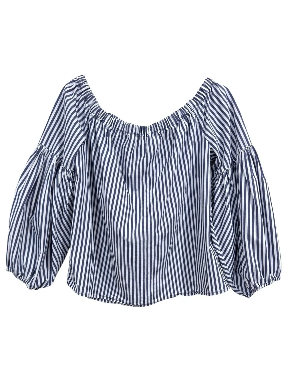Michael Kors Blue White Striped Off Shoulder Peasant Blouse Balloon Sleeve Top L